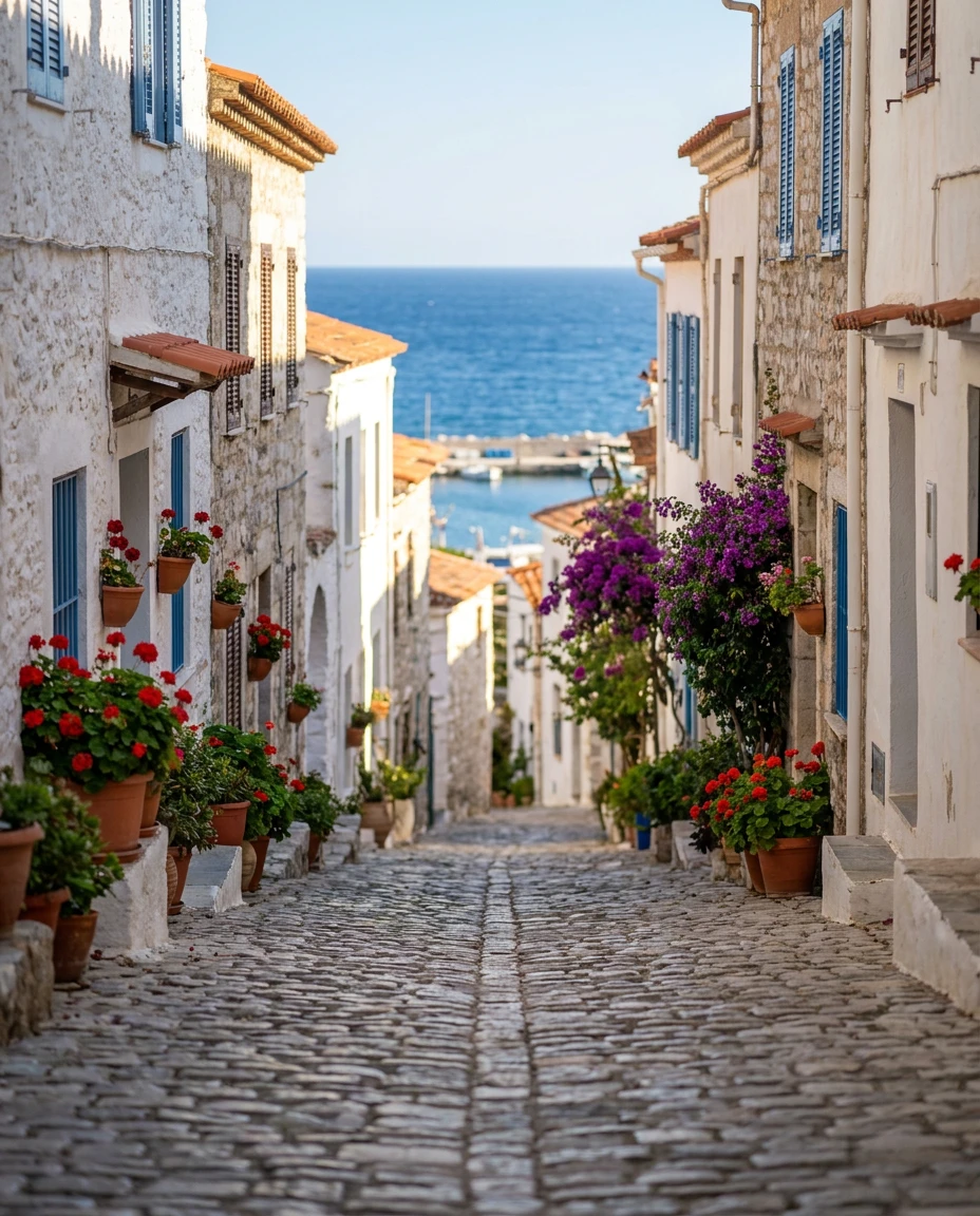 Example post: a street sloping down to the sea in a coastal town
