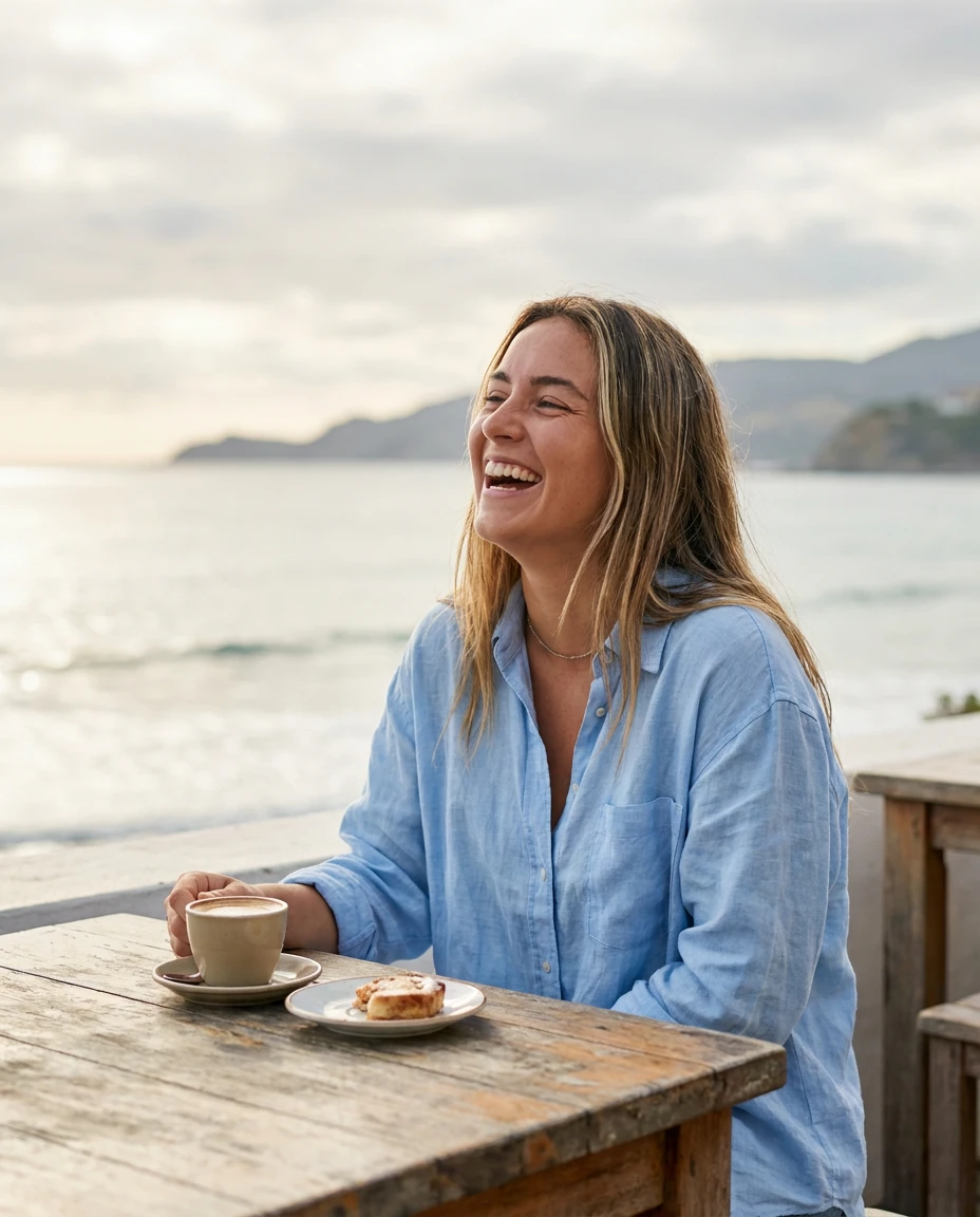 Example post: emma laughing at a terrace table