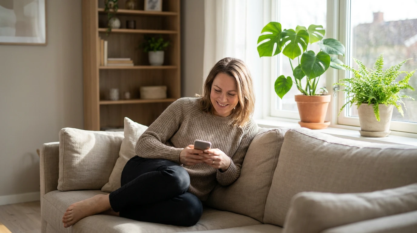A woman relaxing on a sofa, looking at her phone